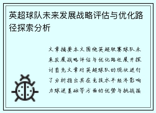 英超球队未来发展战略评估与优化路径探索分析
