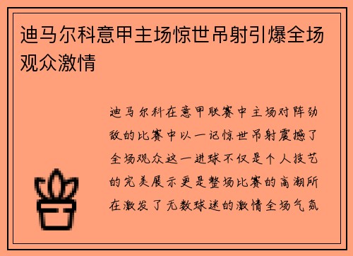 迪马尔科意甲主场惊世吊射引爆全场观众激情
