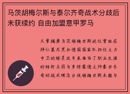 马茨胡梅尔斯与泰尔齐奇战术分歧后未获续约 自由加盟意甲罗马 马茨胡梅尔斯与泰尔齐奇战术分歧后未获续约 自由加盟意甲罗马